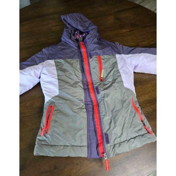 Girls Purple & Gray Hooded Winter Jacket With Polka Dot Lining Red Zippers & Fle - Picture 16 of 16